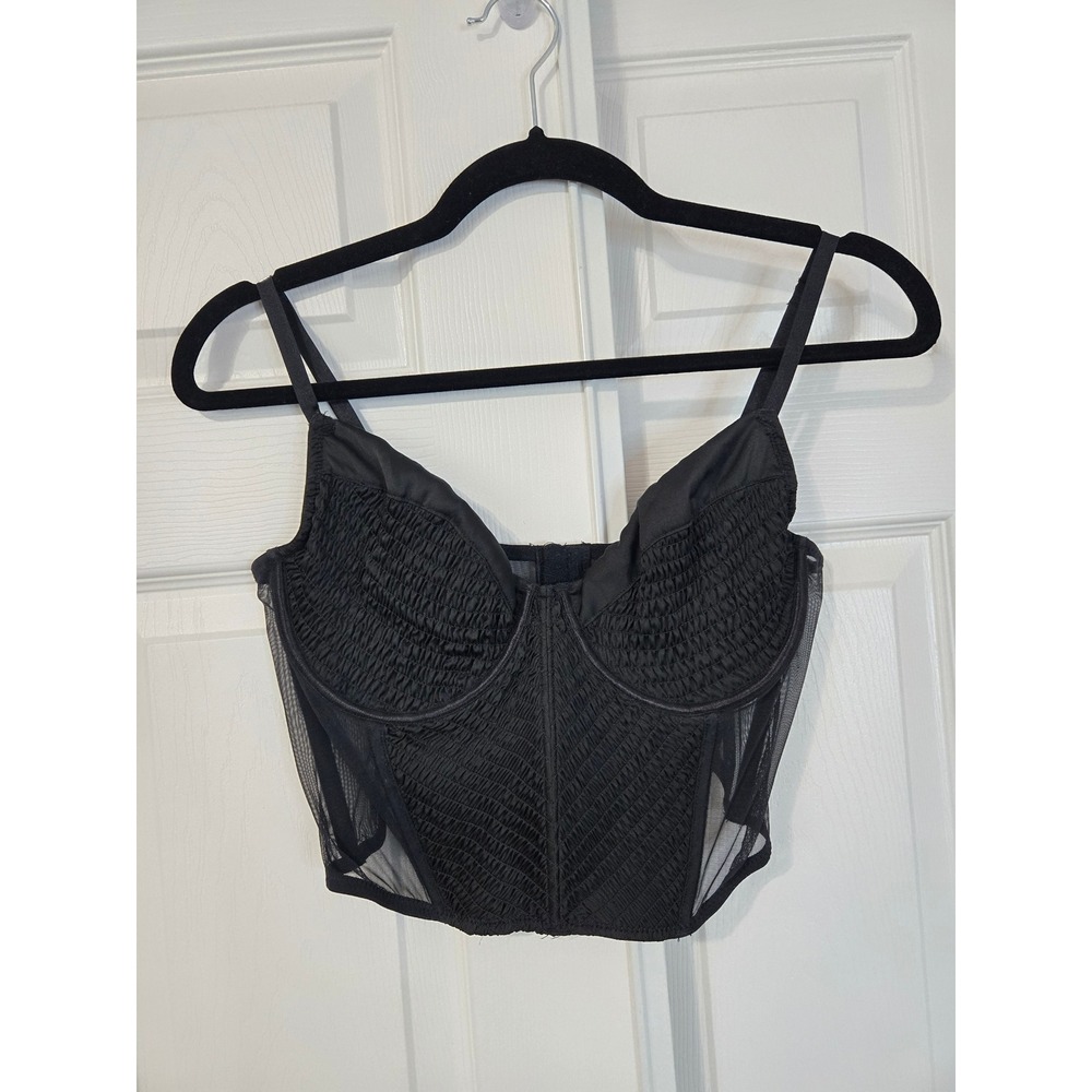 Black Mesh Corset Crop Top Smocked Bust Hook Eye Back Adjustable Straps M